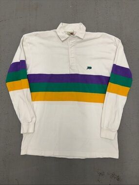 VTG Perlis White Long-Sleeve Rugby Polo with Purple/Green/Gold Stripes Boy’s L